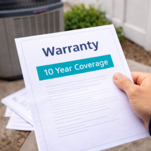 Hand holding a warranty document with the title "Warranty" and "10 Year Coverage," in front of an HVAC unit, emphasizing service reliability and long-term protection for heating and cooling systems.
