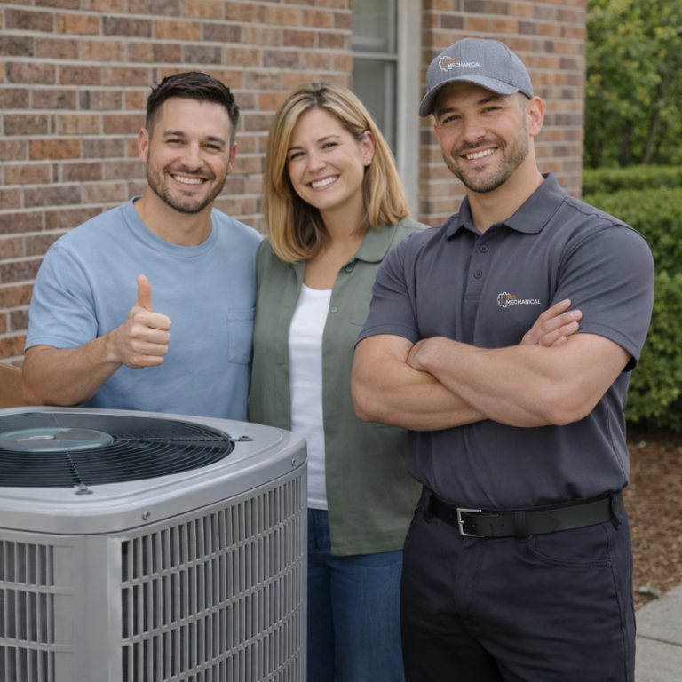Three smiling individuals standing next to an HVAC unit, showcasing Iris Mechanical's commitment to quality service and customer satisfaction for Bay Area homeowners.