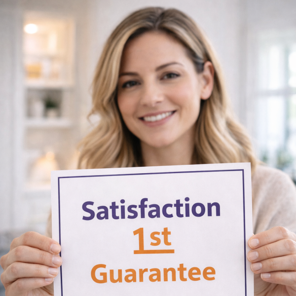 Woman smiling and holding a sign that reads "Satisfaction 1st Guarantee," emphasizing customer satisfaction in HVAC services.